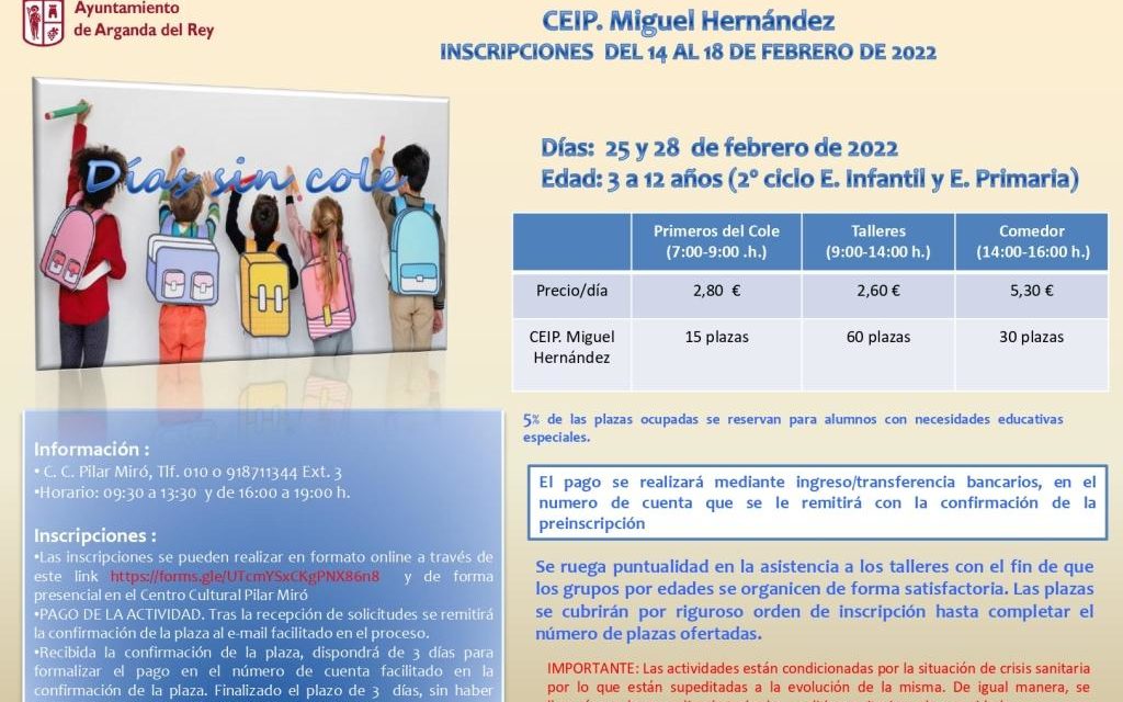 Arganda – CEIP Miguel Hernández își va deschide porțile în zilele fără școală, 25 și 28 februarie