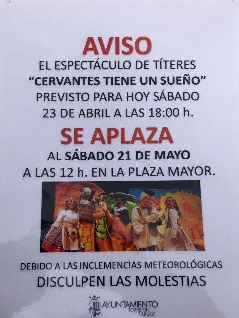 Torrejón – ANUNȚ: Spectacolul de păpuși programat pentru această după-amiază la 18:00 în Plaza Mayor a fost amânat pentru 21 mai din cauza…