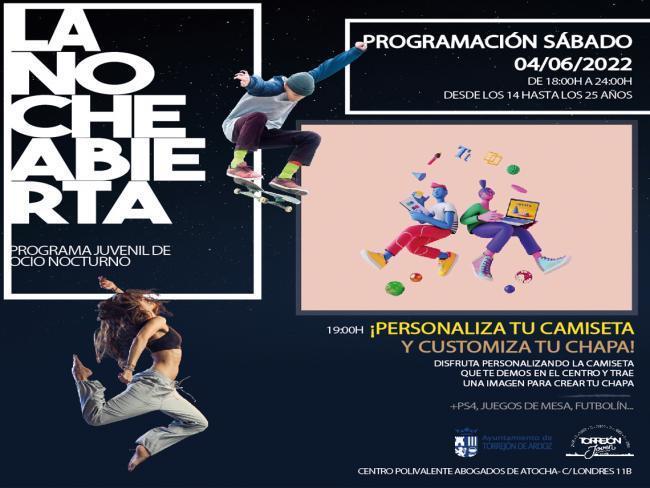 Torrejón – Programul alternativ de agrement pentru tineri „Noaptea deschisă” ajunge sâmbătă, 4 iunie, cu un atelier de personalizare a…