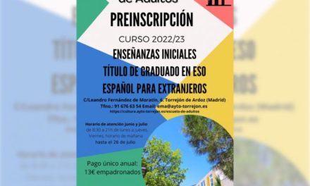 Torrejón – Până pe 26 iulie, perioada de preînscriere la Școala Municipală de Adulți va rămâne deschisă pentru cursul 202…