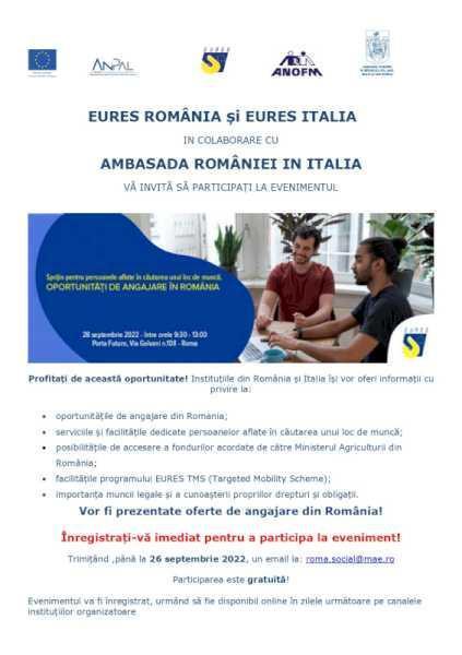 Italia: Eveniment de informare: Sprijin pentru persoanele aflate în căutarea unui loc de muncă. Oportunități de angajare în România.