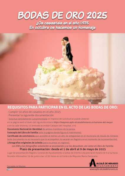 Alcalá – Alcalá de Henares homenajeará a las parejas que cumplirán este año sus Bodas de Oro